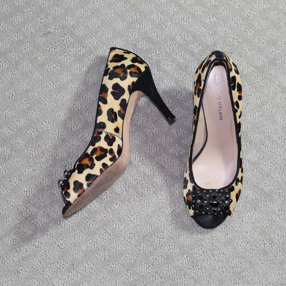 Antonio Melani Women's Sz 7.5M Calf Hair Leopard Pattern Jeweled Kayden Heels